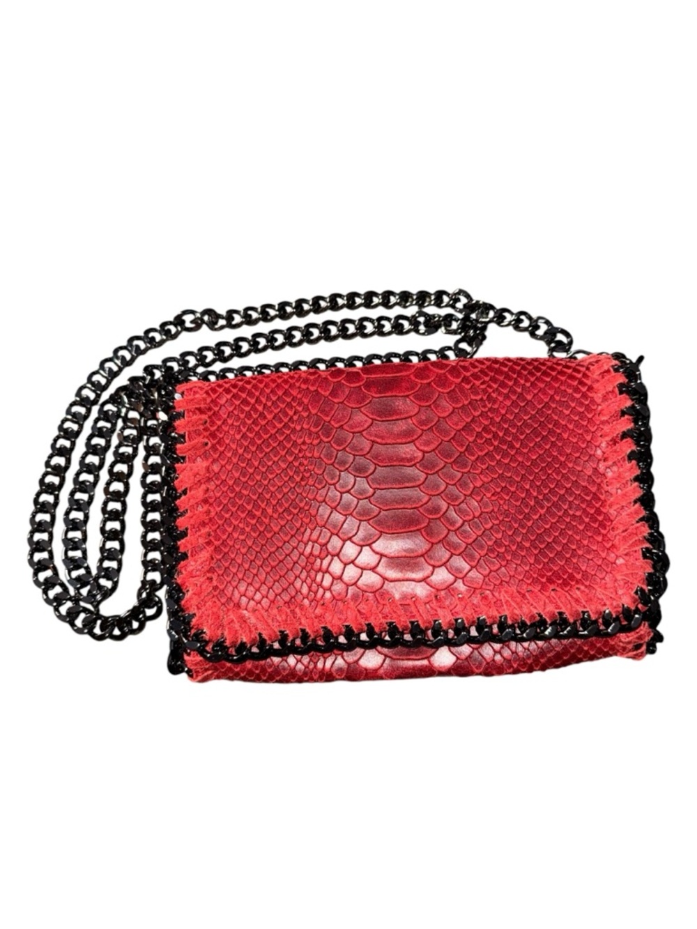 BORSE in PELLE Genuine Leather Red Snake Embossed Chain Crossbody Clutch Bag EUC